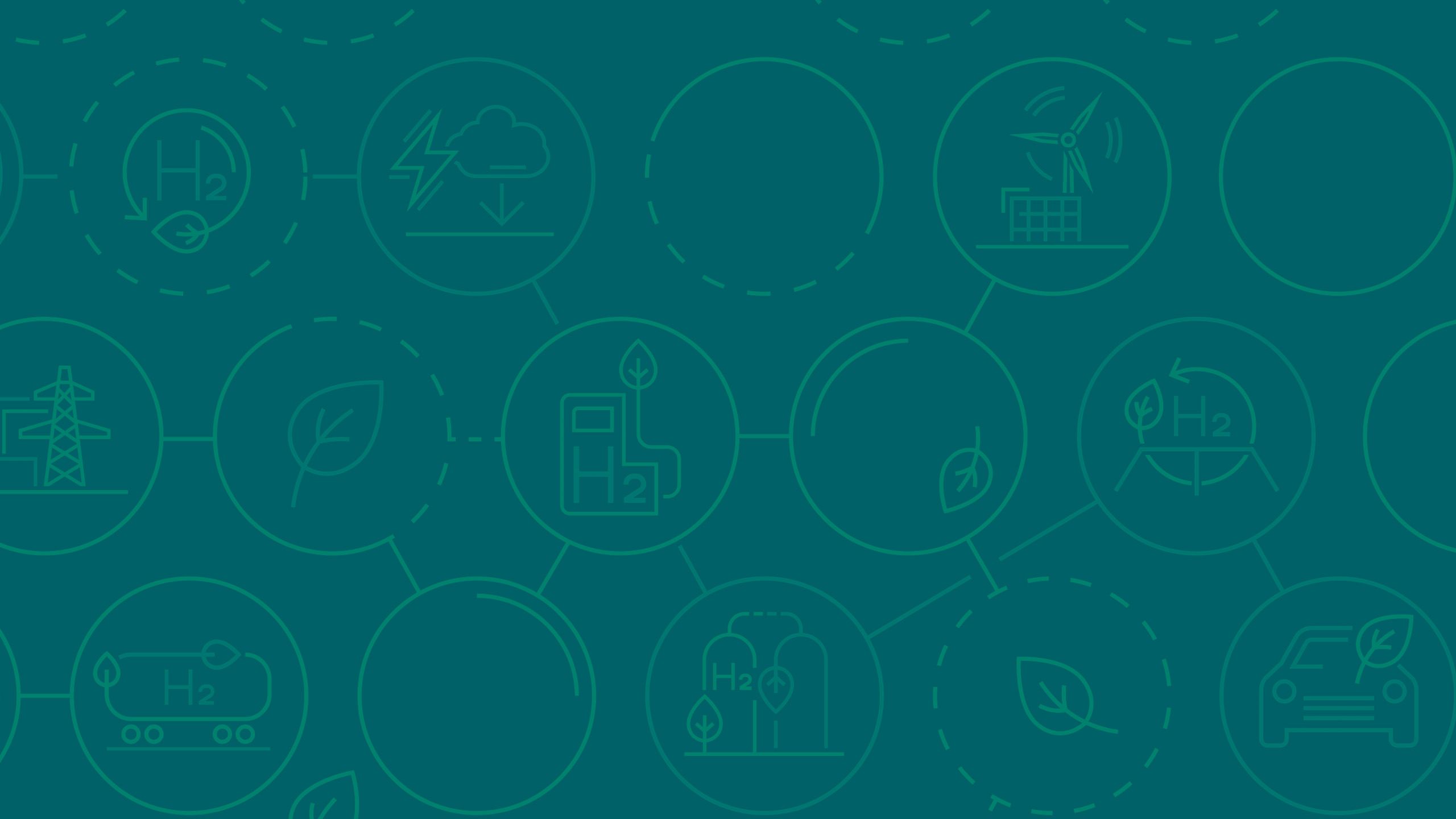 Teal background with green hydrogen graphics on